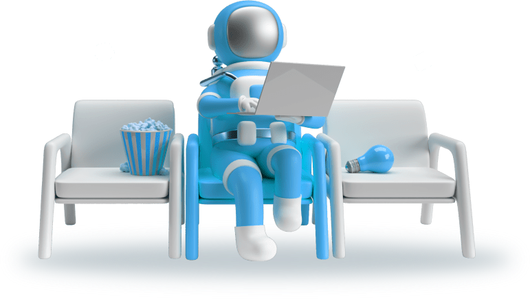 cartoon astronaut sitting in sofa with laptop